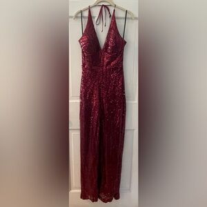 Premier Amour Burgundy Sequin Halter Formal Jumpsuit